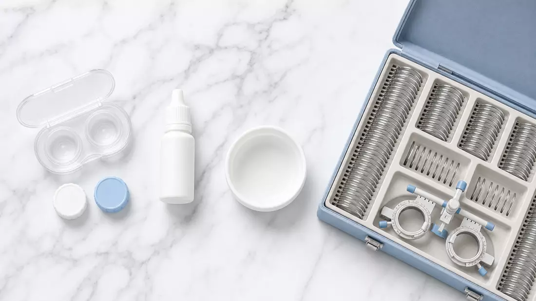 Flat lay product photography on white marble. Contact lens case, lens solution bottle, soaking dish, and optometry trial lens kit arranged neatly with soft studio overhead lighting, clinical cleanliness, no text on items