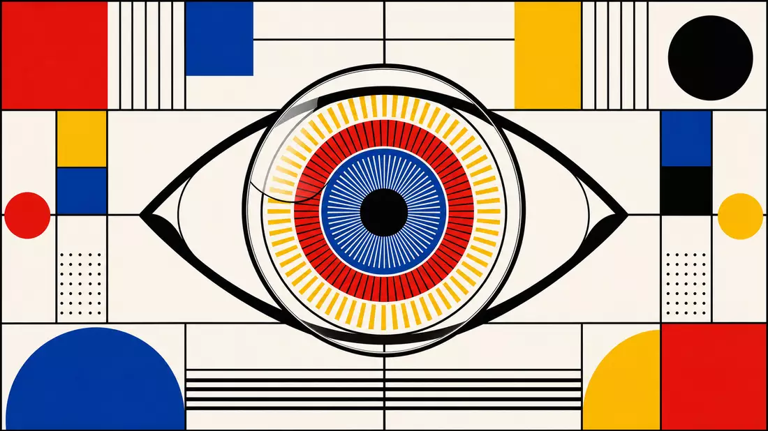 Bauhaus style graphic design poster in wide horizontal format. Geometric stylized eye centered, iris as concentric circles and radial lines in primary red, blue, yellow on cream white, heavy black outlines, flat bold shapes, no gradients