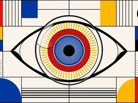 Alcon CH0432492467: Bauhaus Poster mit geometrischem Auge und Linse in den Primärfarben Rot und Blau - Foto: THN