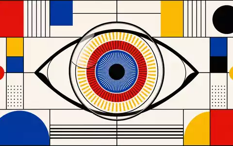 Alcon CH0432492467: Bauhaus Poster mit geometrischem Auge und Linse in den Primärfarben Rot und Blau - Foto: THN