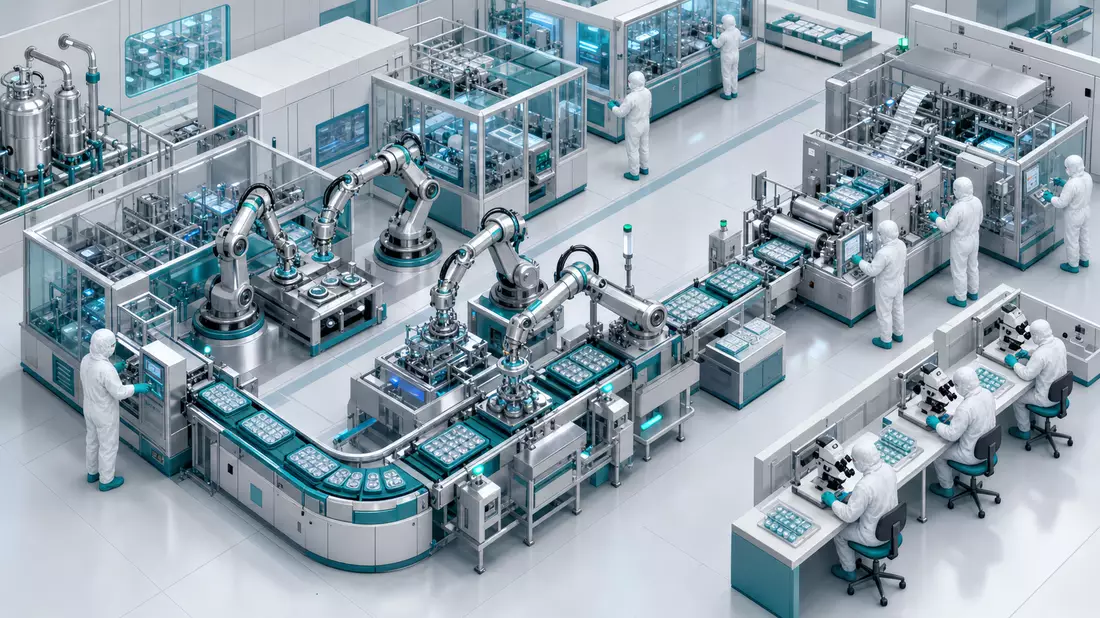 Isometric 3D illustration of a clean-room contact lens manufacturing facility. Robotic arms handling lens molds on conveyor belts, workers in cleanroom suits, quality control stations, teal and white palette