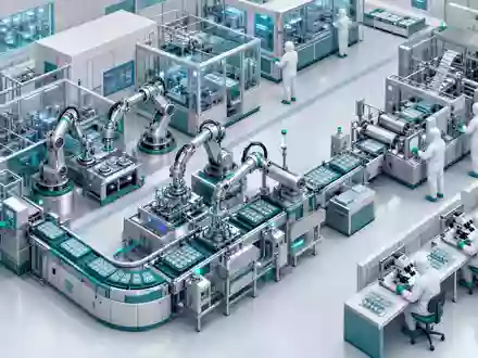 Alcon CH0432492467: Isometrische 3D Illustration eines Reinraums mit Robotern beim Verpacken von Kontaktlinsen - Foto: THN