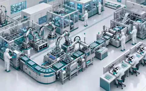Alcon CH0432492467: Isometrische 3D Illustration eines Reinraums mit Robotern beim Verpacken von Kontaktlinsen. - Foto: THN