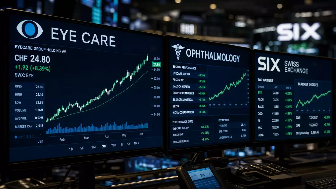 Financial editorial photography of glowing trading monitors. Screens display EYE CARE, OPHTHALMOLOGY sector data, SIX SWISS EXCHANGE text with upward trending candlestick charts, green on dark blue, shallow depth of field