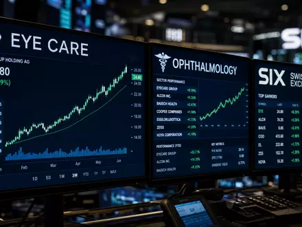 Alcon CH0432492467: Handelsterminals zeigen EYE CARE, OPHTHALMOLOGY und SIX SWISS EXCHANGE mit steigenden Charts - Foto: THN