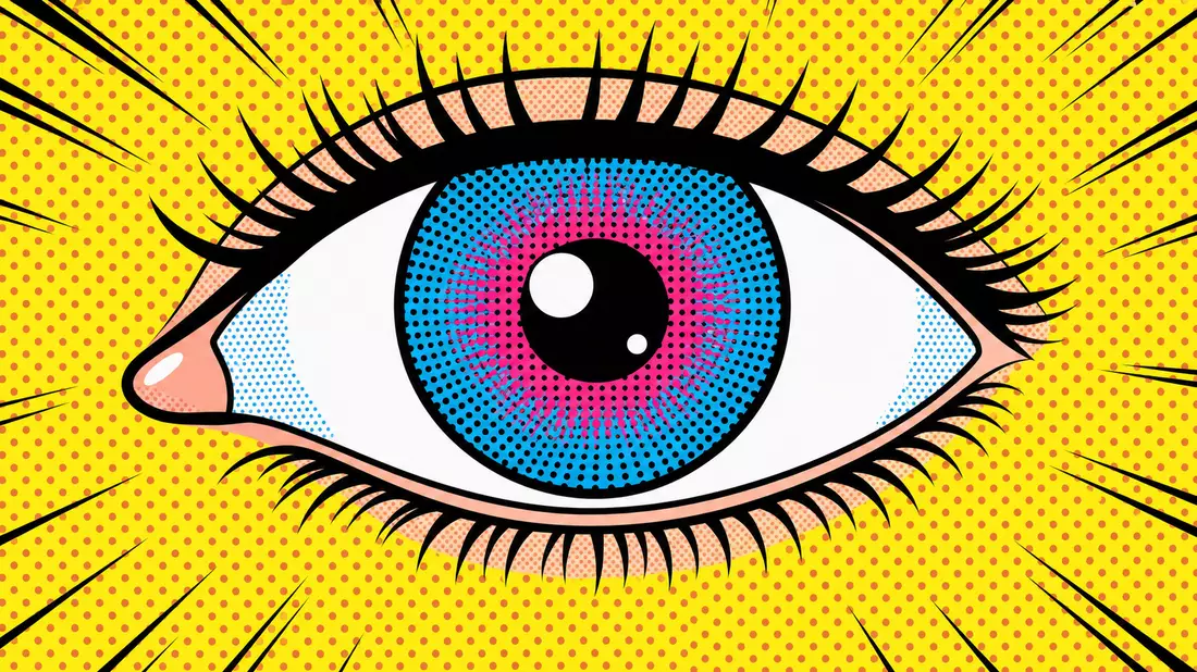 Pop art comic book style wide horizontal illustration. Large cartoon eye with bold black outlines, iris in cyan and magenta Ben-Day halftone dots, graphic black lashes, yellow halftone background with radiating speed lines