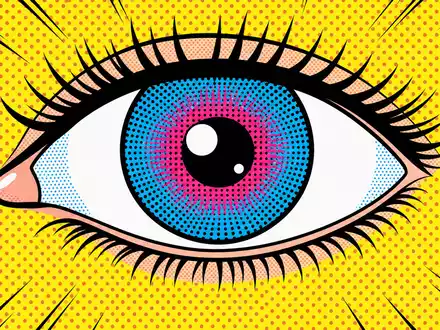 Alcon CH0432492467: Pop Art Auge mit Halftone Punkten, Comic Wimpern und Speedlines auf gelbem Hintergrund - Foto: THN