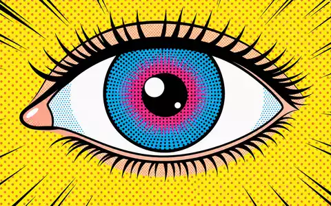 Alcon CH0432492467: Pop Art Auge mit Halftone Punkten, Comic Wimpern und Speedlines auf gelbem Hintergrund - Foto: THN