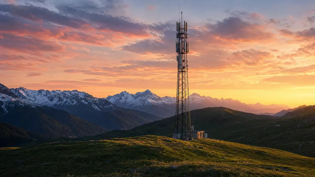 Photorealistic mobile phone tower standing on an alpine meadow with snow-capped Swiss mountain peaks in the background under a dramatic orange and pink sunset sky