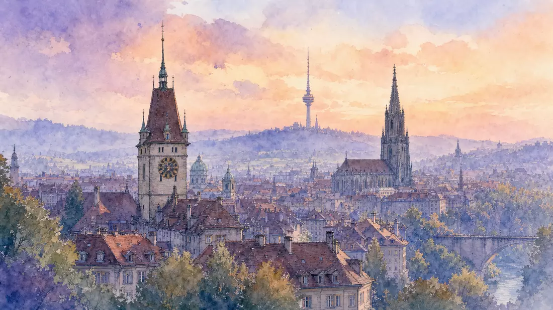 Watercolor illustration of the Bern city skyline with a tall radio tower silhouette rising behind th