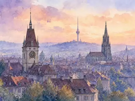Swisscom AG (CH0008742519) – Aquarell des Berner Stadtbildes mit Funkturm-Silhouette in weichen Pastelltönen - Foto: THN