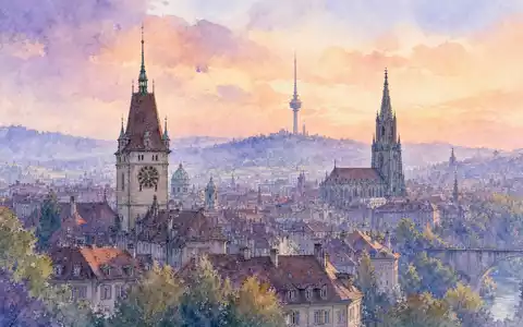 Swisscom AG (CH0008742519) – Aquarell des Berner Stadtbildes mit Funkturm-Silhouette in weichen Pastelltönen. - Foto: THN
