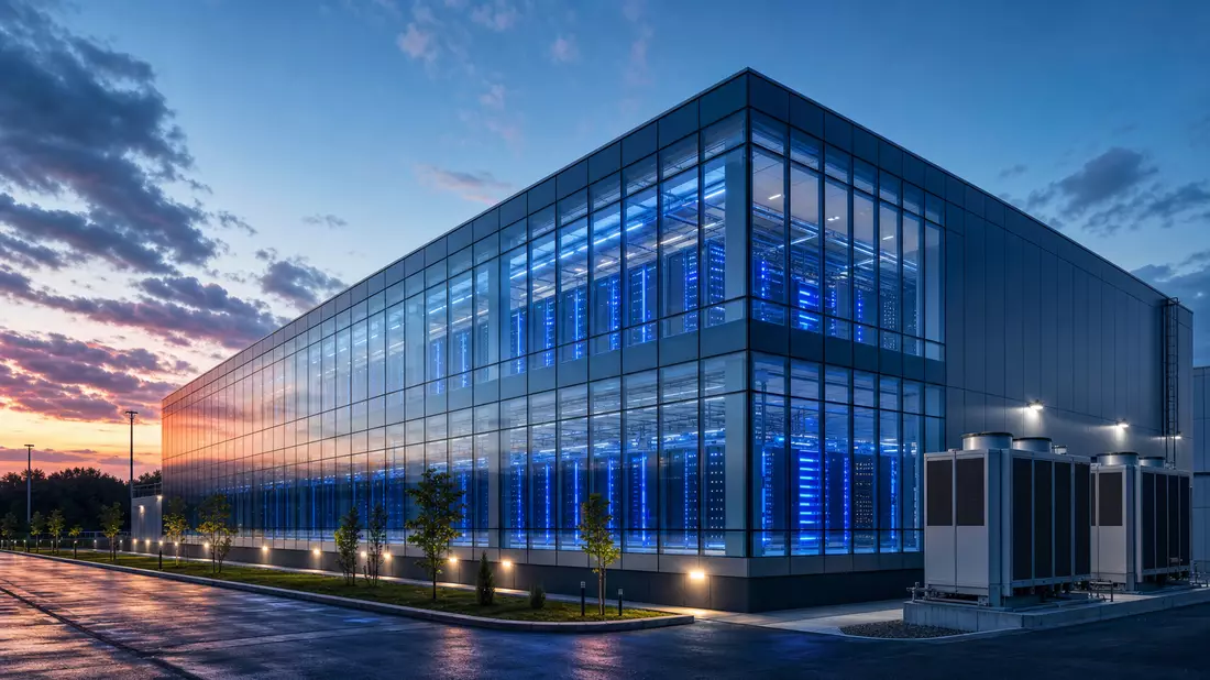 Modern data center building exterior featuring a full glass curtain wall facade glowing with cool blue LED light from inside the server racks, cooling units visible at the side, photographed at dusk