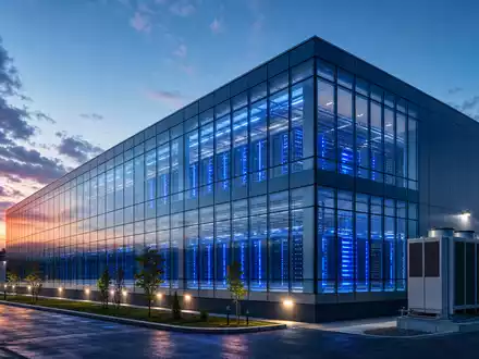 Swisscom AG (CH0008742519) – Modernes Rechenzentrum mit blau leuchtender Glasfassade in der Abenddämmerung - Foto: THN