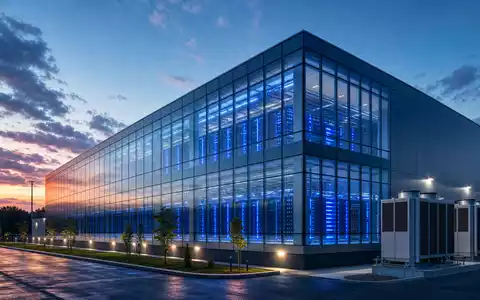 Swisscom AG (CH0008742519) – Modernes Rechenzentrum mit blau leuchtender Glasfassade in der Abenddämmerung - Foto: THN