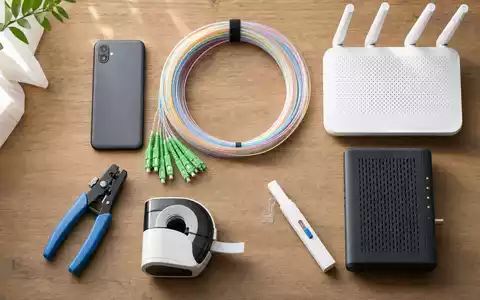 Swisscom AG (CH0008742519) – Telekommunikations-Werkzeuge als Flatlay auf natürlicher Holzoberfläche arrangiert mit Smartphone und Router. - Foto: THN