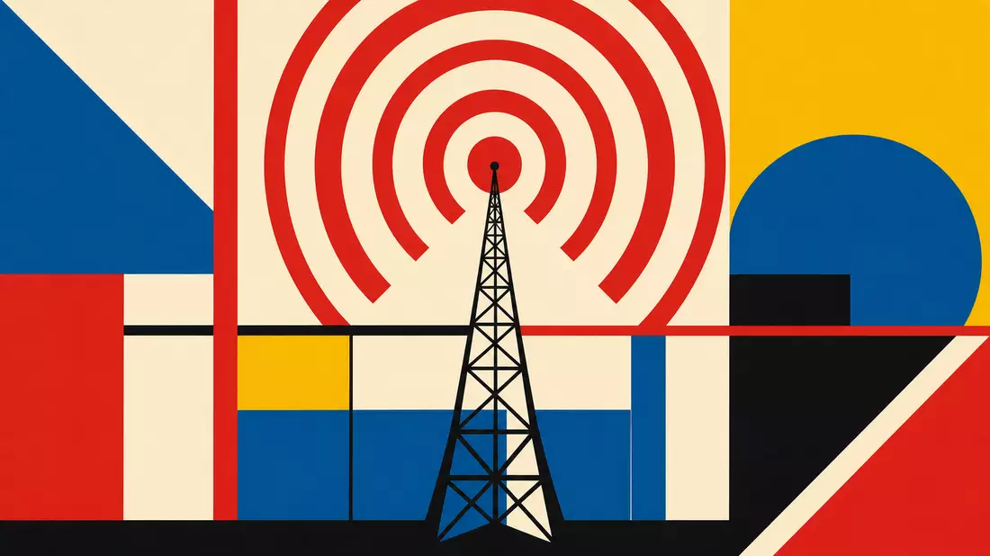 Bauhaus modernist poster illustration featuring a geometric radio antenna tower with concentric semicircular wave arcs radiating upward, bold primary colors of red, blue, yellow, and black in a constructivist grid composition