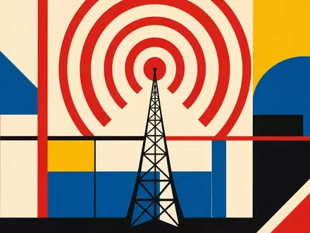 Swisscom AG (CH0008742519) – Bauhaus-Poster mit geometrischen Antennenwellen in Primärfarben und Schweizer Rot - Foto: THN