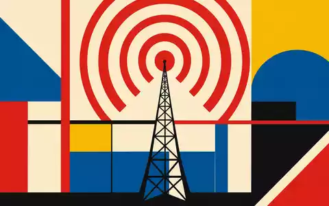 Swisscom AG (CH0008742519) – Bauhaus-Poster mit geometrischen Antennenwellen in Primärfarben und Schweizer Rot - Foto: THN