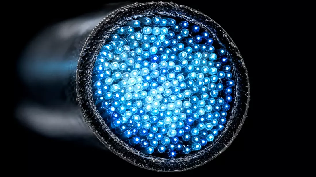 Extreme macro photograph of a fiber optic cable end-face showing hundreds of individual glass fibers
