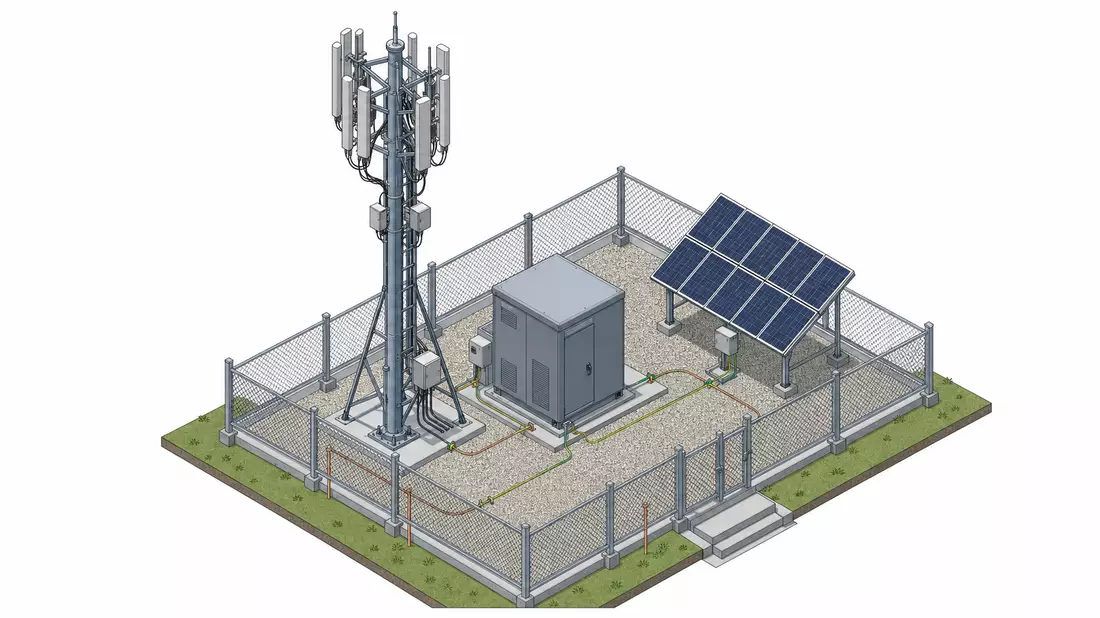 Isometric 3D illustration of a mobile telecommunications base station site showing a central antenna