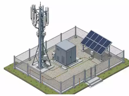 Swisscom AG (CH0008742519) – Isometrische 3D-Illustration einer Mobilfunk-Basisstation mit Solar-Panel und Schaltschrank - Foto: THN