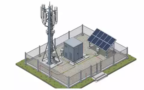 Swisscom AG (CH0008742519) – Isometrische 3D-Illustration einer Mobilfunk-Basisstation mit Solar-Panel und Schaltschrank. - Foto: THN