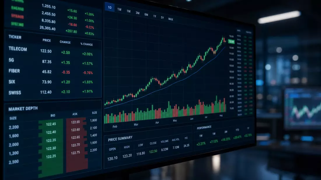 Editorial close-up of a trading terminal monitor displaying fictional telecom ticker data labeled TELECOM, 5G, FIBER, SIX, and SWISS alongside a rising candlestick chart and market depth panel, in a dark blue-lit office environment