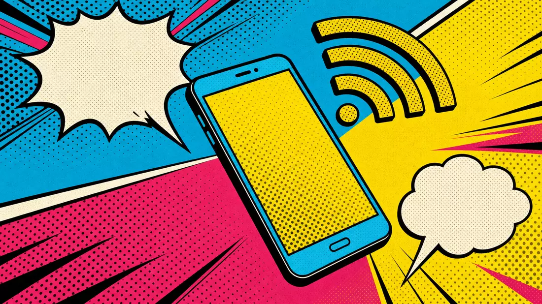 Pop art comic book illustration in Roy Lichtenstein style featuring a stylized smartphone with bold WiFi signal arc waves, vivid cyan magenta and yellow colors, halftone Ben-Day dot pattern background, thick black outlines, and empty speech bubble shapes