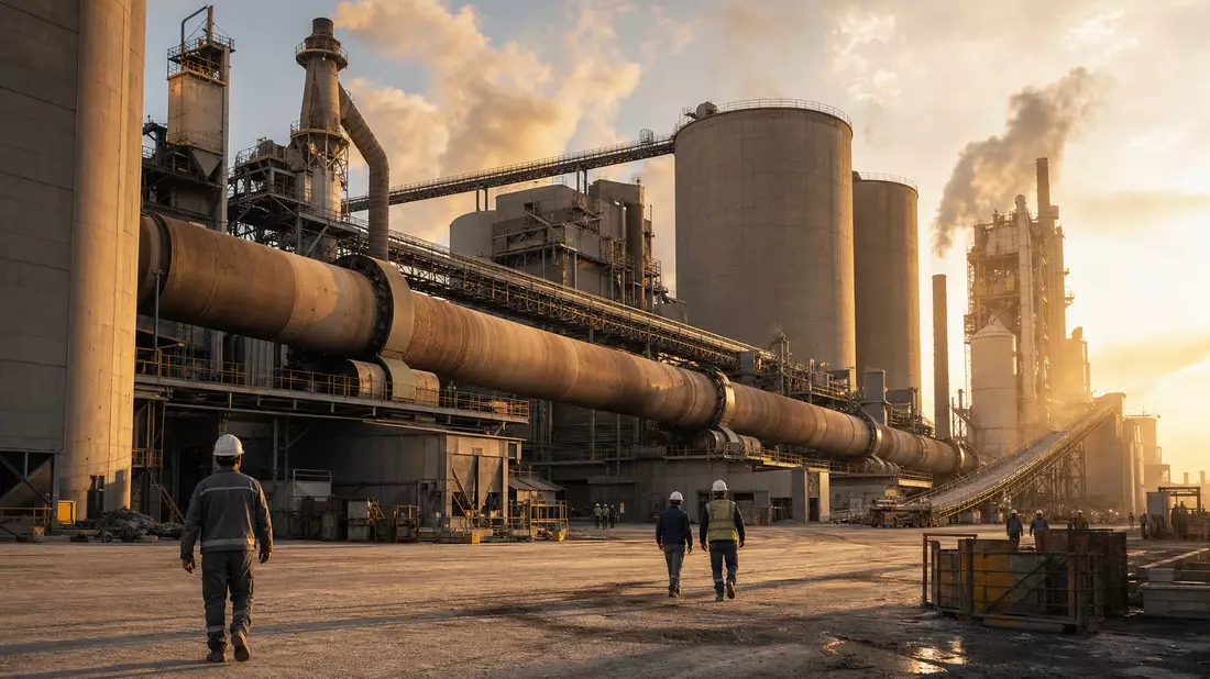 Fotorealistisches Panoramabild eines grossen Zementwerks bei Sonnenuntergang. Im Zentrum dominiert ein massiver Drehrohrofen, flankiert von hohen zylindrischen Silos und Förderbändern. Arbeiter in Schutzhelmen gehen über den Werkhof, während Dampf und Sta