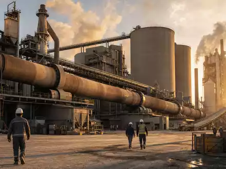 Holcim AG CH0012214059 Zementwerk mit Drehrohrofen und hohen Silos bei warmem Abendlicht - Foto: THN