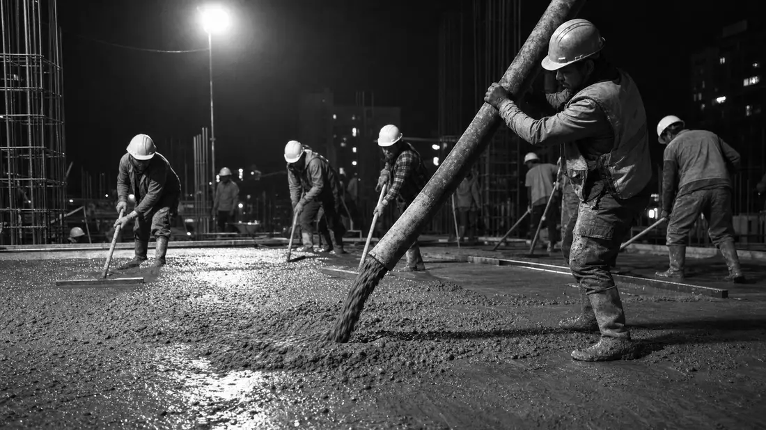 Dokumentarische Schwarzweiss-Fotografie von Bauarbeitern beim Betoniergiessen auf einer nächtlichen Baustelle. Ein Arbeiter führt den schweren Betonpumpenschlauch, während Kollegen mit Rüttlern und Glättern den frischen Beton verteilen. Einzelne Strahler 