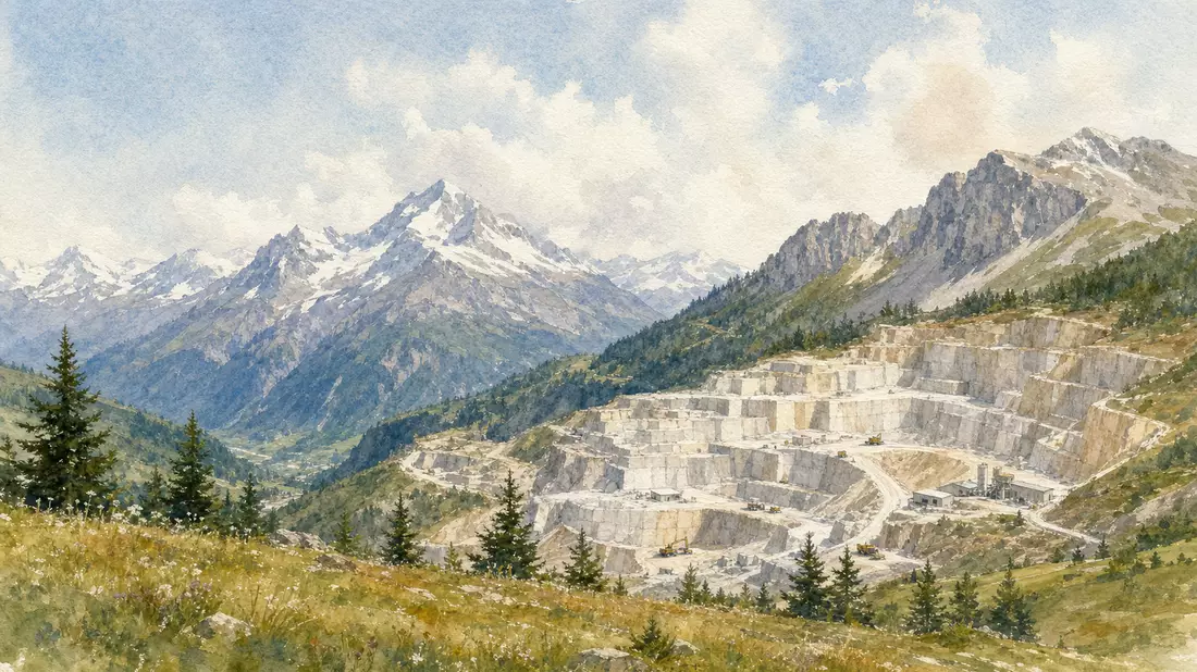 Aquarellmalerei der Schweizer Alpen mit einem terrassierten Steinbruch im Tal unterhalb schneebedeck