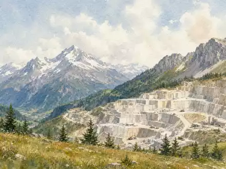 Holcim CH0012214059 Aquarell der Schweizer Alpen mit terrassiertem Steinbruch in weichen Pastelltönen - Foto: THN
