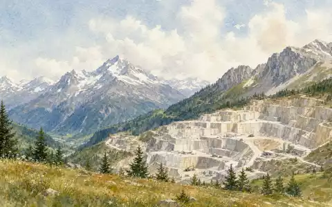 Holcim CH0012214059 Aquarell der Schweizer Alpen mit terrassiertem Steinbruch in weichen Pastelltönen - Foto: THN