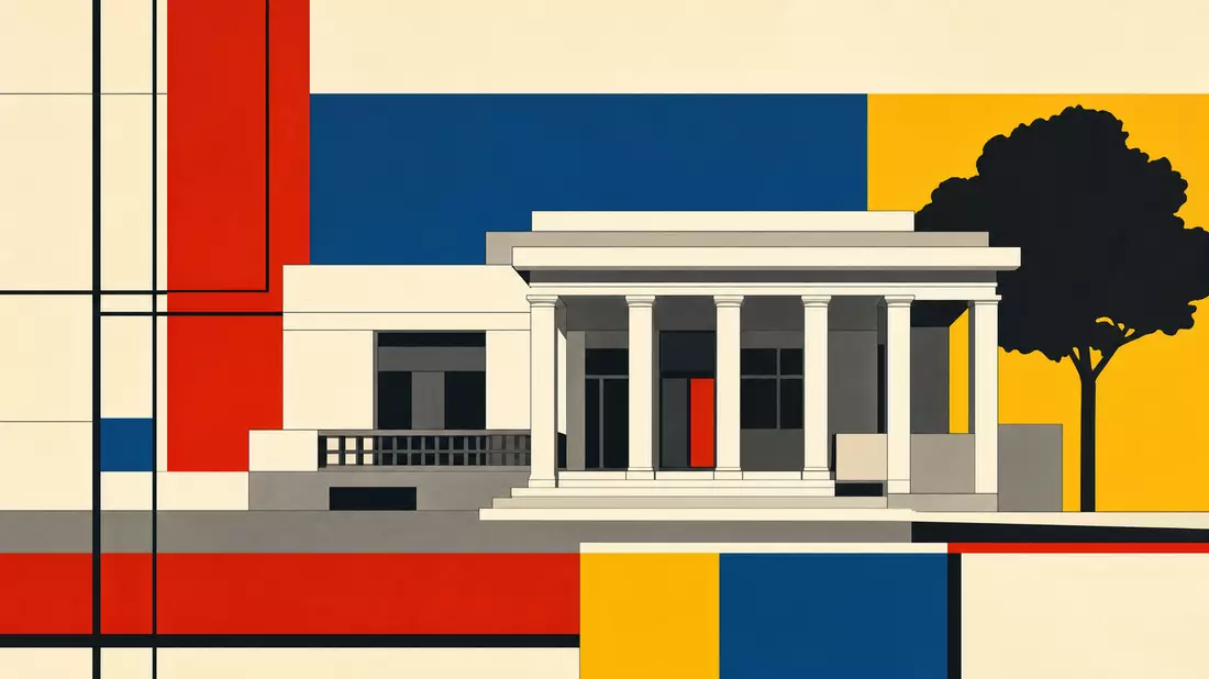 Grafische Bauhaus-Illustration eines modernistischen Hauses mit klassischen Säulen in strengem geometrischen Stil. Flächige Primärfarben — Rot, Blau und Gelb — kombiniert mit Betongrau und Weiss auf einem rasterartigen Hintergrund. Keine Farbverläufe, nur