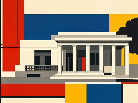 Holcim AG CH0012214059 Bauhaus Poster geometrisches Haus mit Säulen Primärfarben und klassischem Betongrau - Foto: THN