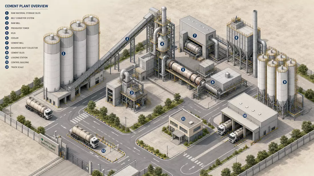 Isometrische 3D-Illustration eines kompakten Zementwerks in der Vogelperspektive unter 45-Grad-Winkel. Zylindrische Silos in Hellgrau und Weiss dominieren die Anlage, schräge Förderbänder transportieren Rohmaterial zwischen den Gebäuden. Tanklastwagen ste