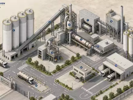 Holcim CH0012214059 isometrisches Zementwerk mit Silos Förderbändern und Tanklastwagen in technischer Illustration - Foto: THN