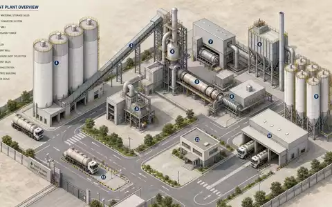 Holcim CH0012214059 isometrisches Zementwerk mit Silos Förderbändern und Tanklastwagen in technischer Illustration - Foto: THN