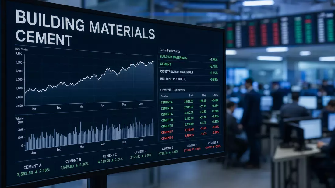 Redaktionelles Börsenfoto eines Finanzmonitors mit Handelsdaten für den Baustoffsektor. Der Bildschirm zeigt die Texte BUILDING MATERIALS, CEMENT und SIX SWISS EXCHANGE in klarer Sans-Serif-Schrift, dazu neutrale Liniencharts und Balkendiagramme. Grüne un