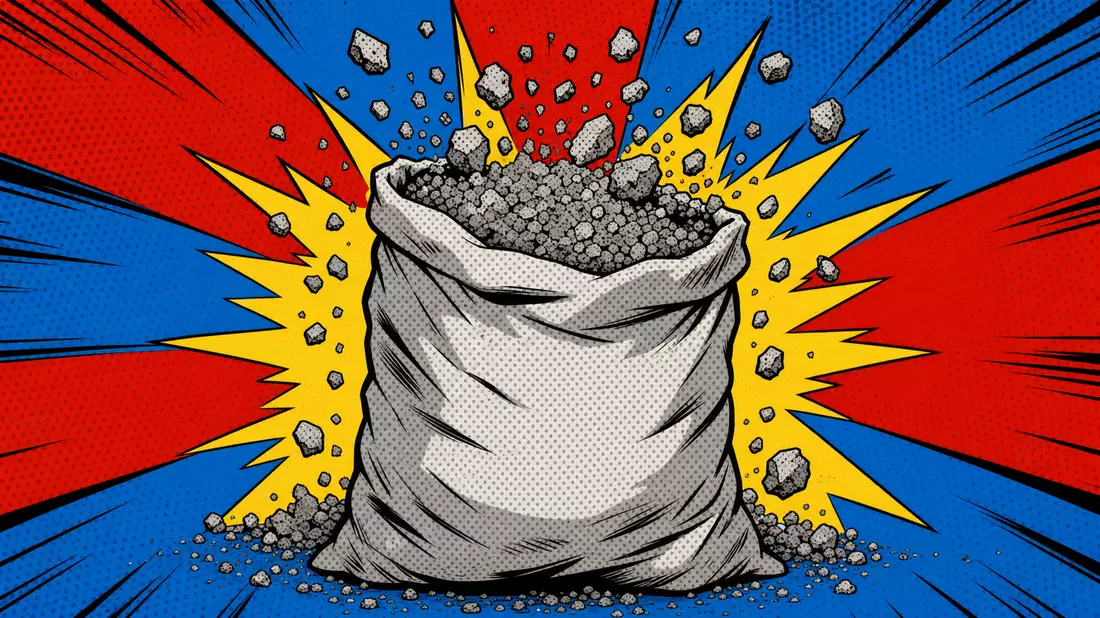 Pop-Art-Comicillustration eines stilisierten Zementsacks im Lichtenstein-Stil. Fette schwarze Konturen umrahmen jeden Bestandteil. Ben-Day-Rasterpunkte überziehen den Sackstoff in Grautönen. Aus dem offenen Sack schiessen Betonbrocken nach oben, umgeben v