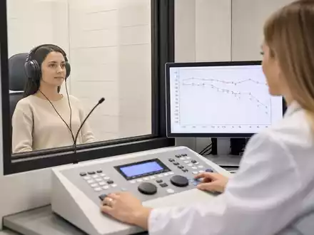 Sonova CH0012549785: Fotorealistische Audiologie-Untersuchung mit Patient, Kopfhörern und Audiogramm-Bildschirm in moderner Klinik - Foto: THN
