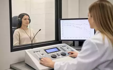 Sonova CH0012549785: Fotorealistische Audiologie-Untersuchung mit Patient, Kopfhörern und Audiogramm-Bildschirm in moderner Klinik - Foto: THN