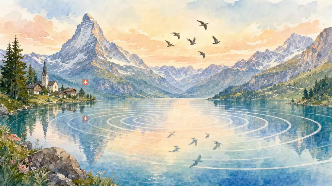 A soft watercolor illustration of a Swiss alpine lake surrounded by snow-capped mountains with birds in flight reflected on the calm water surface, gentle concentric sound wave ripples radiating across the lake as stylized acoustic waves, rendered in past