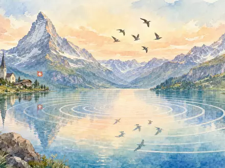 Sonova CH0012549785: Aquarell eines Schweizer Sees mit Vögeln und stilisierten Schallwellen in Pastelltönen - Foto: THN