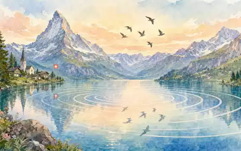 Sonova CH0012549785: Aquarell eines Schweizer Sees mit Vögeln und stilisierten Schallwellen in Pastelltönen - Foto: THN