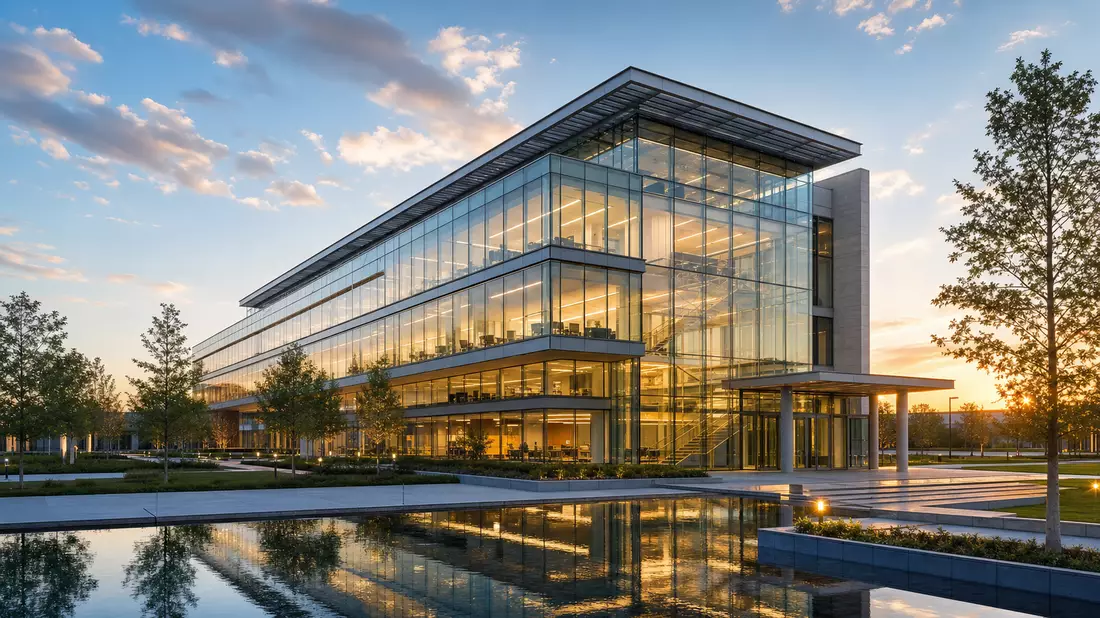 Professional architectural photography of a modern medical technology corporate headquarters building featuring floor-to-ceiling glass facade with structural transparency revealing bright open office floors, surrounded by manicured greenery and a reflecti