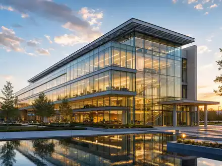 Sonova CH0012549785: Modernes Med-Tech-Headquarter mit transparenter Glasfassade, Spiegelbecken und Grünanlagen bei goldenem Abendlicht - Foto: THN