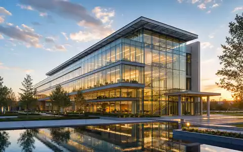 Sonova CH0012549785: Modernes Med-Tech-Headquarter mit transparenter Glasfassade, Spiegelbecken und Grünanlagen bei goldenem Abendlicht - Foto: THN
